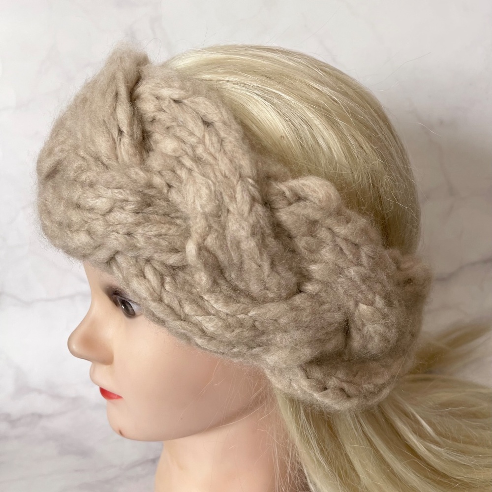 Kerchief, Hand Knit Beige Headband, Cashmere Beanie Women Hat Winter Accessories